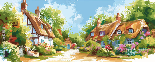 Charming english countryside village with thatched roof cottages and lush gardens.