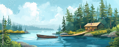 Tranquil lakeside cabin retreat with wooden boat and forest landscape.