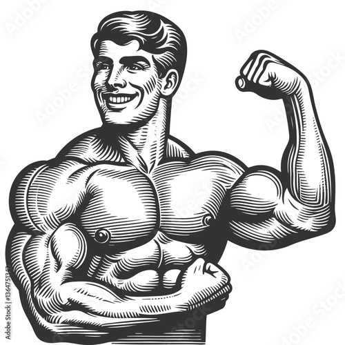 muscular bodybuilder flexing his biceps, showcasing strength, fitness, and classic bodybuilding aesthetics sketch engraving generative ai vector illustration. Scratch board imitation. Black and white.