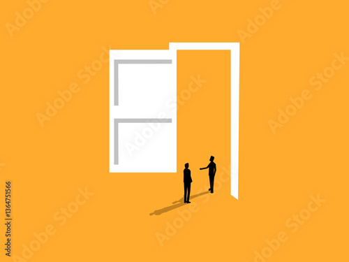 Orientation, Businessman introduces new employees at the office door