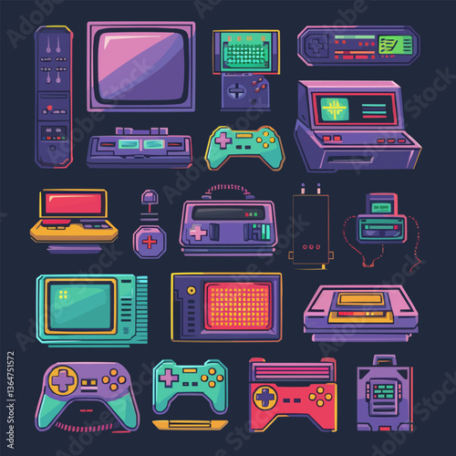 Retro gaming console collection with controllers and accessories in vibrant colors.