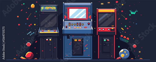 Retro arcade game machines with vibrant pixel art and colorful graphics.