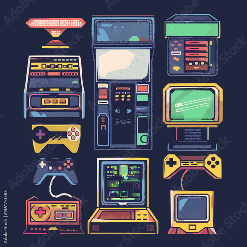 Retro gaming consoles and controllers collection with classic arcades.