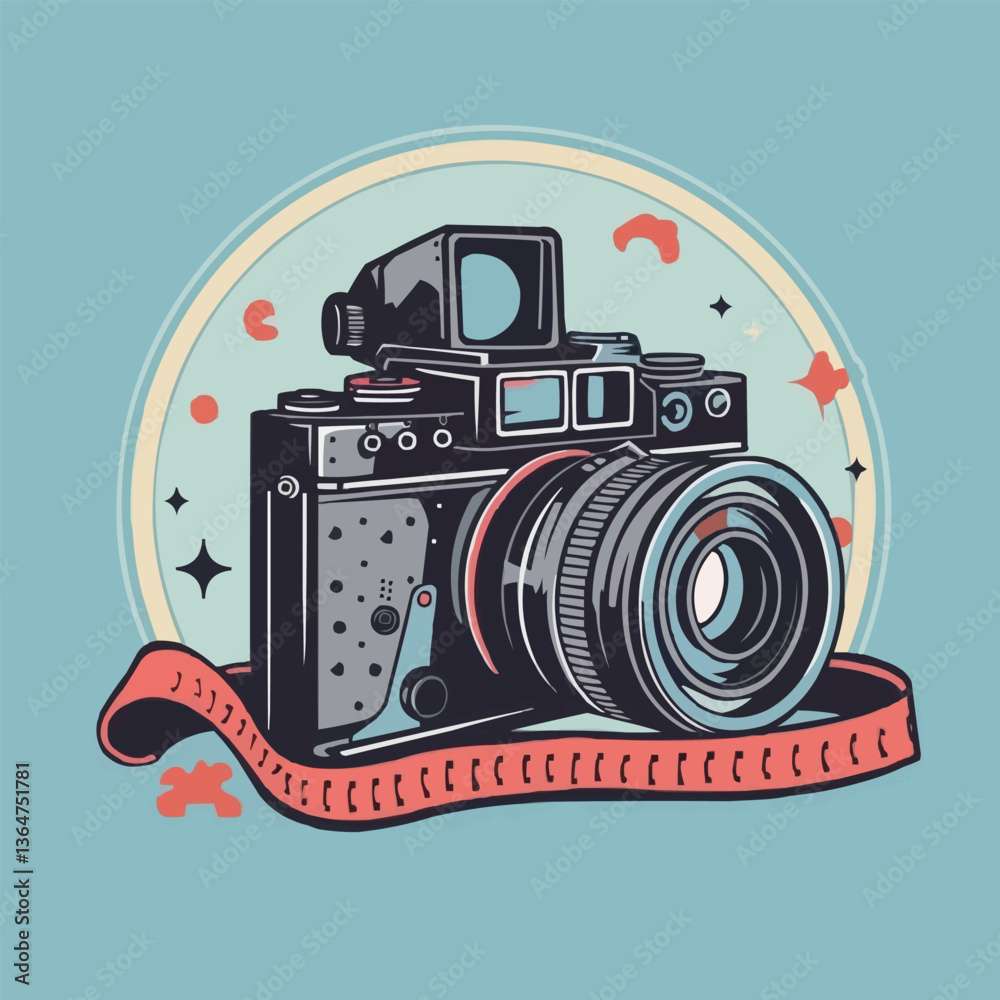 Obraz premium Vintage film camera with red strap and retro design elements.