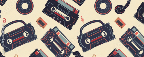 Vintage cassette tape pattern with headphones and musical notes.
