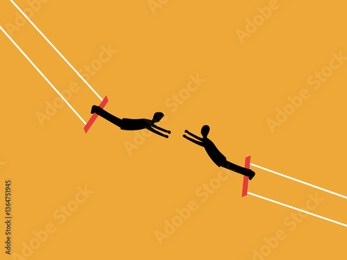 Risk, challenge, two businessmen swinging in acrobatics in coordination