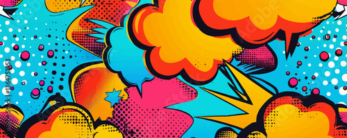 Colorful pop art explosion with comic style clouds and dots.