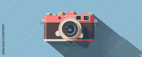 Retro red camera on blue background with long shadow in flat design style.