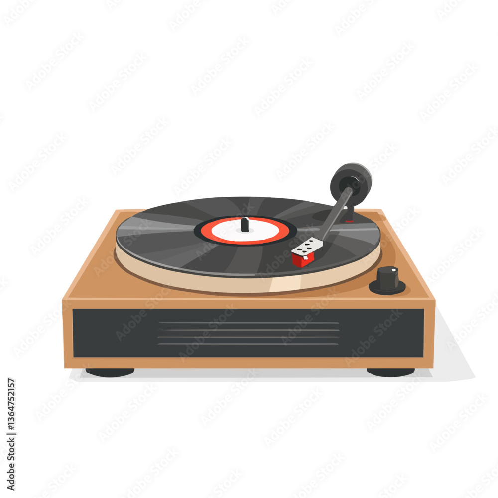 Fototapeta premium Retro wooden turntable with vinyl record and tonearm on white background.