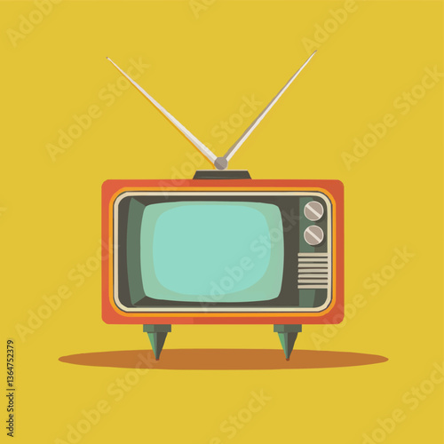 Retro television set with antennas on yellow background.