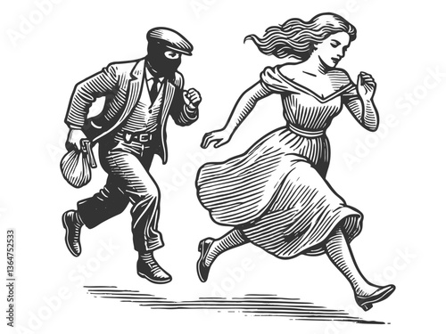 masked man chasing a frightened woman, depicting danger, crime, and suspense in a retro illustration style sketch engraving generative ai vector illustration. Scratch board. Black and white image.