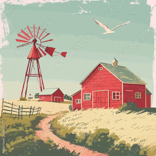 Vintage farm landscape with red barns and rustic windmill under clear sky.