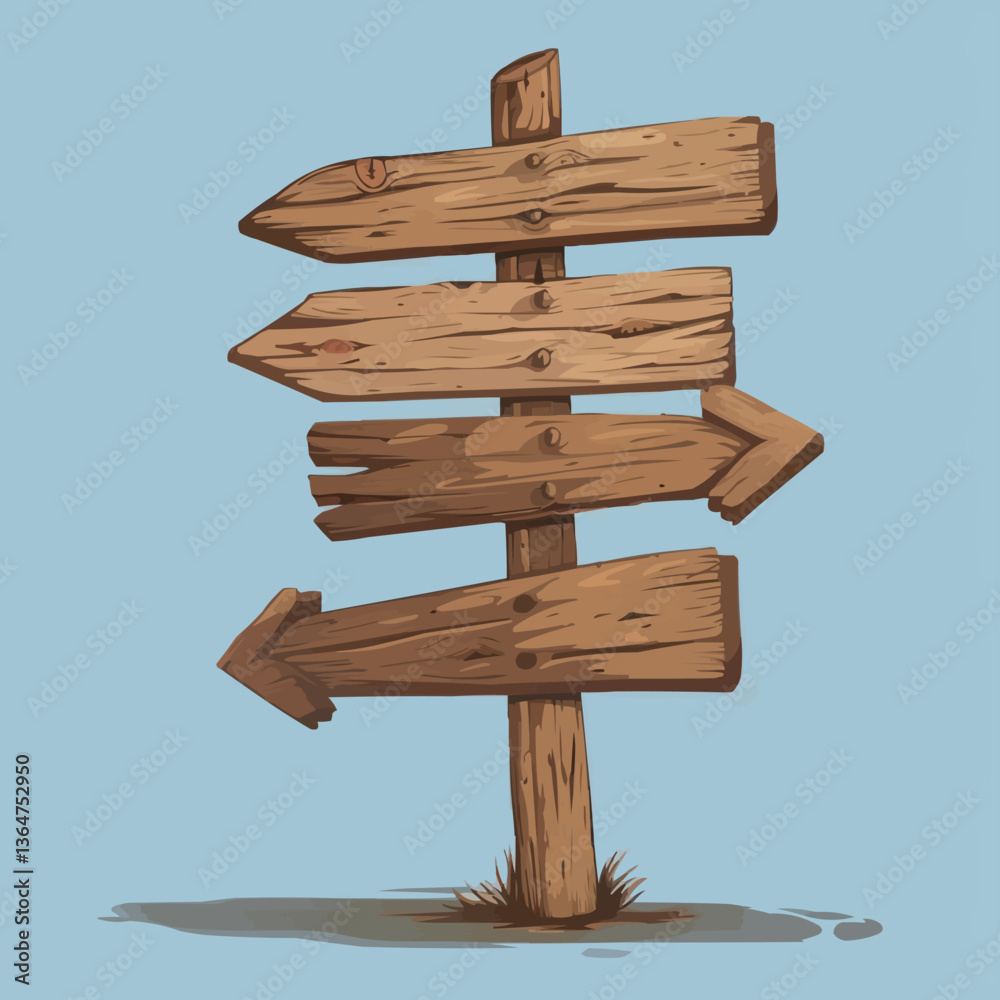 Fototapeta premium Wooden direction signs pointing in various directions against blue background.