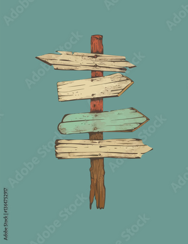 Rustic wooden signpost with blank arrows on teal background.