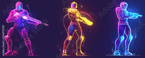 Futuristic cyber warriors in neon suits holding advanced weaponry on dark background.