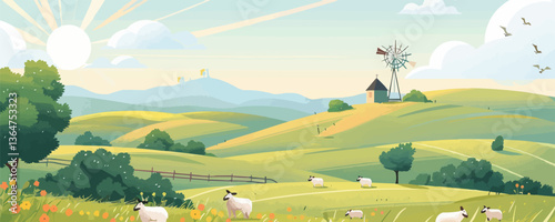 Idyllic pastoral landscape with sheep and windmill on rolling hills.