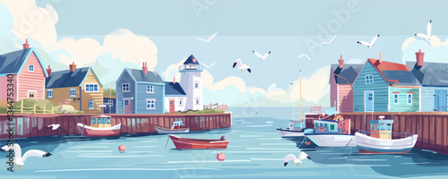 Charming coastal village scene with colorful houses and boats.
