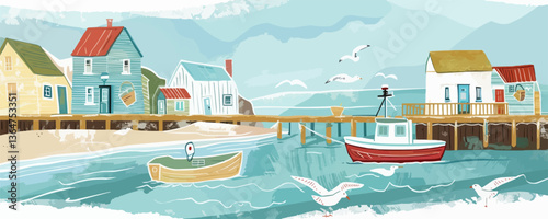 Charming coastal village scene with wooden houses and boats by the seaside.