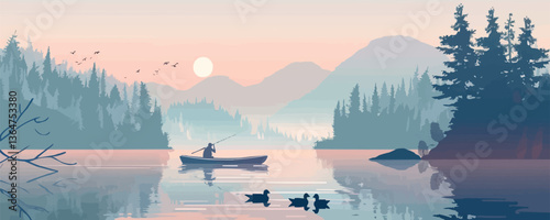 Tranquil lake morning with canoe fishing and mountain reflections.