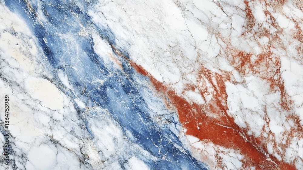 Fototapeta premium Vibrant Red, Blue and White Marble Veining Texture