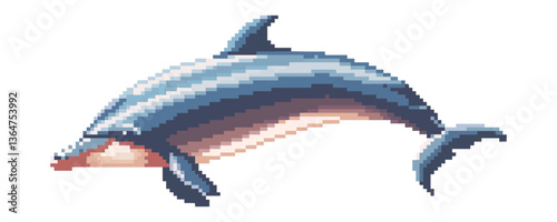 Colorful pixel dolphin art on white background in retro style.