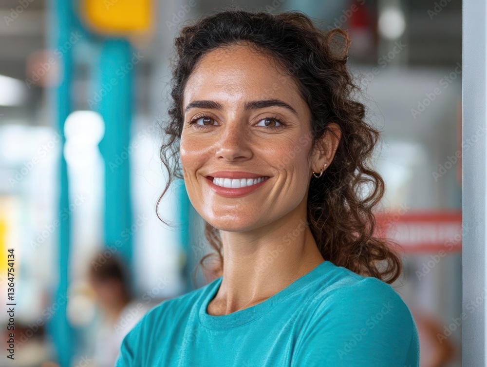 Smiling Woman Portrait In Turquoise Top With Brown Curly Hair And Bright Interior Background Smiling Woman Portrait In Turquoise Top With Brown Curly Hair And Bright Interior Background