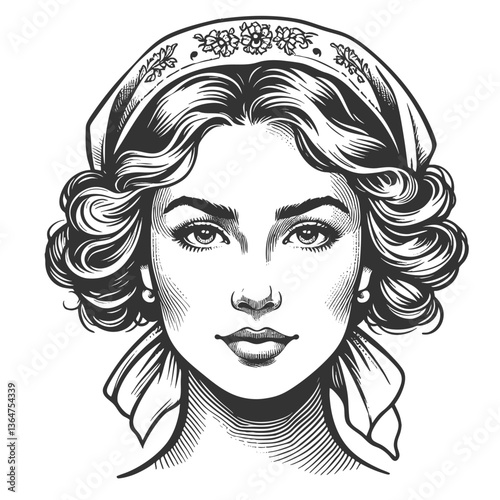 Polish woman wearing a floral embroidered headscarf, with soft curls and a calm expression sketch engraving generative ai fictional character vector illustration. Scratch board. Black and white image.