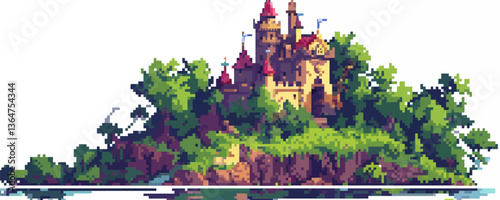 Enchanted pixel art island with medieval castle.
