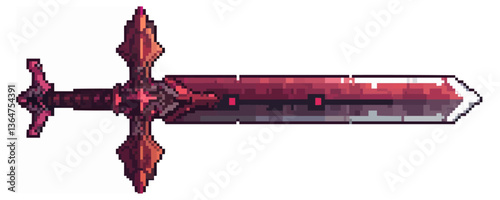 Pixel art medieval sword with red gem details on blade and hilt.