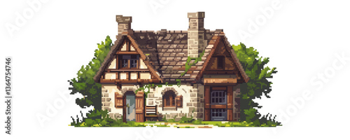Charming stone cottage with lush greenery and rustic architecture.