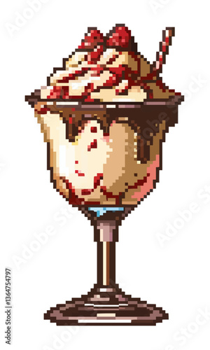 Pixel art ice cream sundae with strawberry topping in vintage glass.