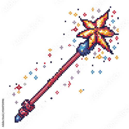 Pixel art fantasy magic wand with star and sparkling effect.