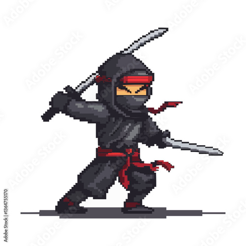 Pixel art ninja in black attire wielding dual katana swords.