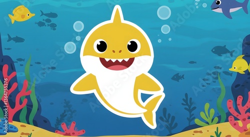 Cartoon baby shark underwater with fish