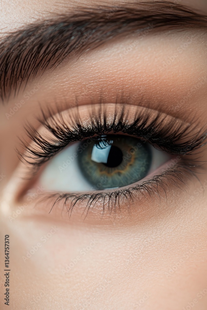 Obraz premium The Gaze of Serenity: A captivating close-up of a human eye, revealing intricate details of the iris, lashes, and the surrounding skin, offering a glimpse into profound emotions.