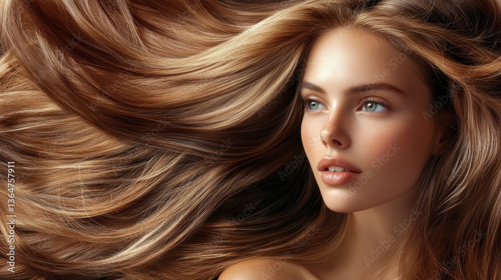 Obraz premium Radiant Flow: A young woman with sun-kissed skin and flowing, lustrous locks. The captivating gaze of the young woman evokes an aura of natural beauty and radiance.