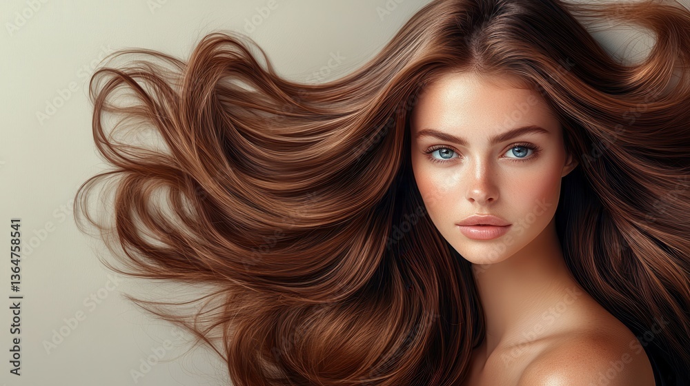 Naklejka premium Radiant Hair: A stunning woman, her long, flowing hair, embodying vitality, confidence and grace. The texture of the locks cascades beautifully, capturing the essence of hair beauty.