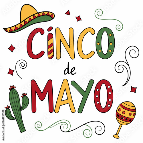 Festive Cinco de Mayo Design with Sombrero, Cactus, and Maracas