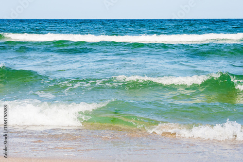 Obraz na płótnie sea scenery in summer. beach with golden sand. wonderful vacation background with transparent calm waves and blue sky. green water w salonie