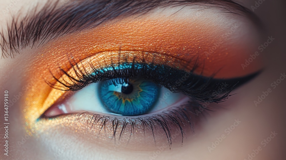 Obraz premium Captivating Eye: A striking macro shot captures the intricate details of a vibrant blue eye adorned with exquisite makeup, showcasing the beauty of the human gaze.