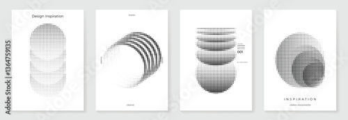 Abstract monochrome gradient poster background vector set. Modern cover template with black and white perspective geometric prism shape, halftone dot. Ideal design for social media, banner, ads.
