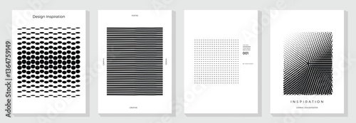 Abstract monochrome gradient poster background vector set. Modern cover template with black and white perspective geometric prism shape, halftone dot. Ideal design for social media, banner, ads.