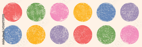 Grungy distressed aged retro textured hand printed circle shapes collection. Linocut vector round rough worn scuffed textures artistic backgrounds set. Grunge label stamp badge text boxes templates 