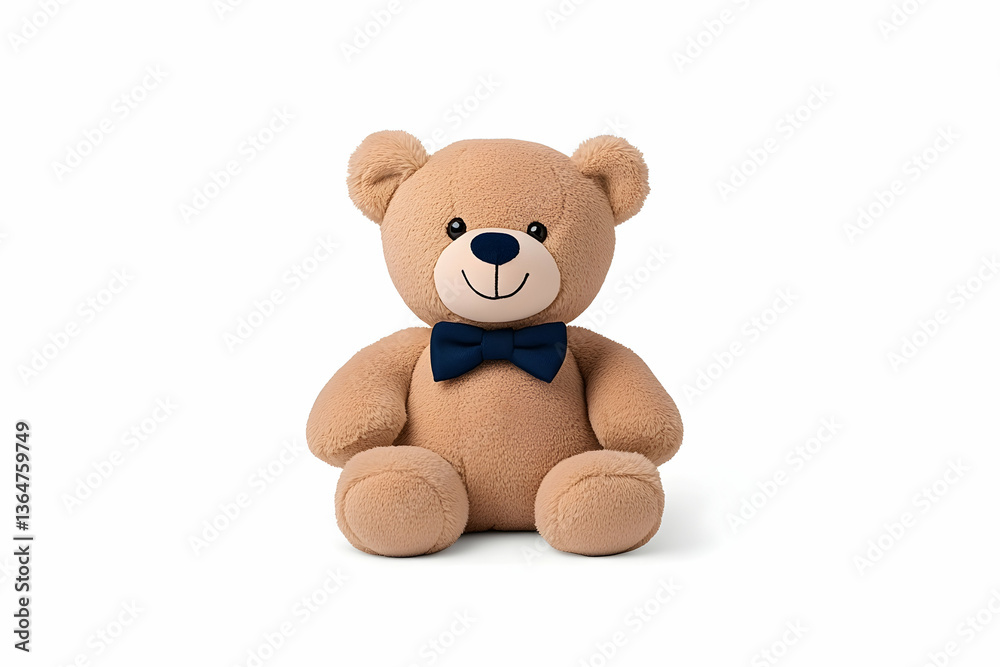 Obraz premium Adorable tan teddy bear wearing a navy bow tie, sitting against a white background