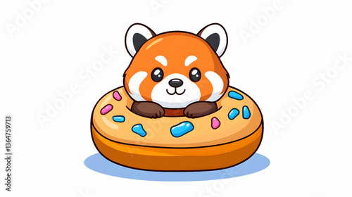 Adorable red panda nestled in a giant donut