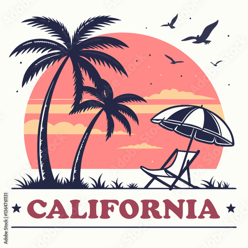 California Sunset: Palm Trees, Beach Chair, and Umbrella Illustration