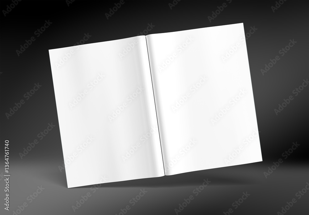 Open magazine mockup isolated on black background. Brochure template on blank. 3D rendering