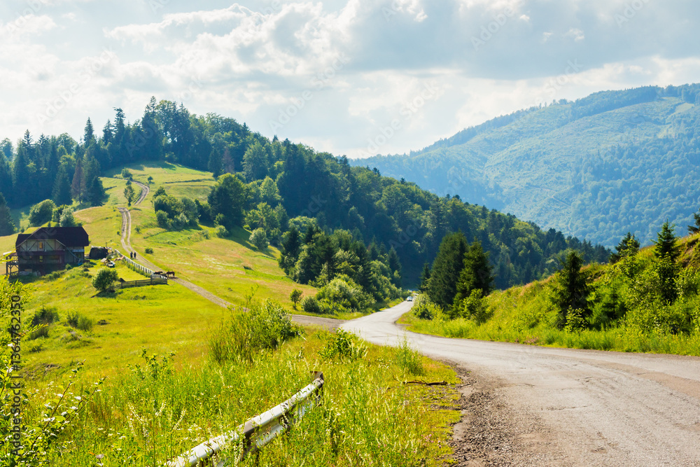 old country road winding through mountainous countryside. wonderful summer landscape. spruce forest along the way. bright sunny weather. travel backcountry and outdoor adventure concept