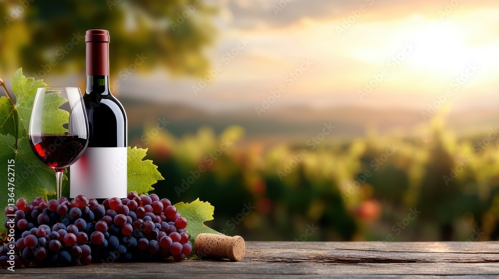Fototapeta premium Picturesque sunset over a lush vineyard landscape with a glass of rich full bodied red wine resting on a rustic wooden table The serene