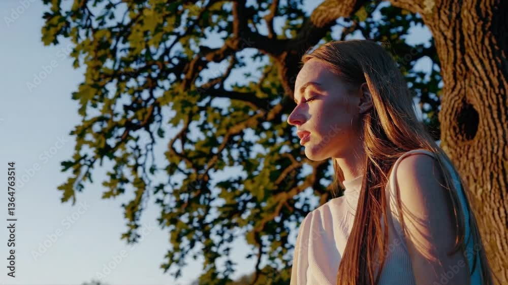 Young woman with long hair standing under a large tree in golden sunset light, looking thoughtfully into the distance, surrounded by nature and warm tones of evening atmosphere. Young woman with long hair standing under a large tree in golden sunset light, looking thoughtfully into the distance, surrounded by nature and warm tones of evening atmosphere.